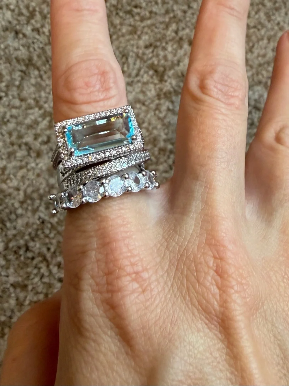 New Aquamarine Blue & Diamond 3 Ring Statement Stacked Ring Stack Set Size 7